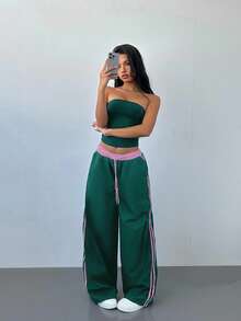 Aloruh Pantalones rectos de cintura baja con cordón, estampado de color contrastante a rayas, estilo deportivo para mujer