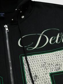 ROMWE MEN Street Life Men's Street Floral Letter Print Zip Up Front Casual Hooded Sweatshirt , Fall Winter