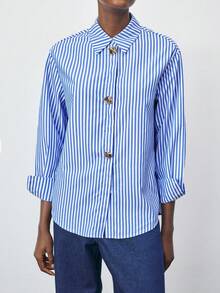 Maija 女式休闲条纹纽扣长袖衬衫，秋季