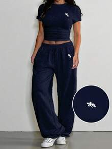 SHEIN EZwear 2 Pieces Spring/Summer Plus Size Women Casual Embroidered Logo Gray Set,Back To School - Navy Blue - View 4