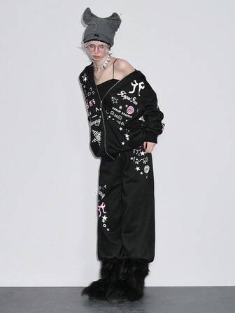 Grunge Punk Emoticon Korean Style Heart Swirl Graphic Cute Zip-Up Punk Street Style Hoodie For Women, Autumn/Winter