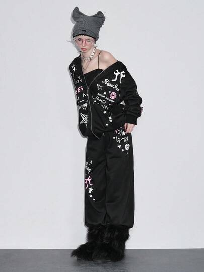 Grunge Punk Emoticon koreanischer Stil Herz Wirbel Grafik süße Reißverschluss Punk Street Style Hoodie für Frauen, Herbst/Winter