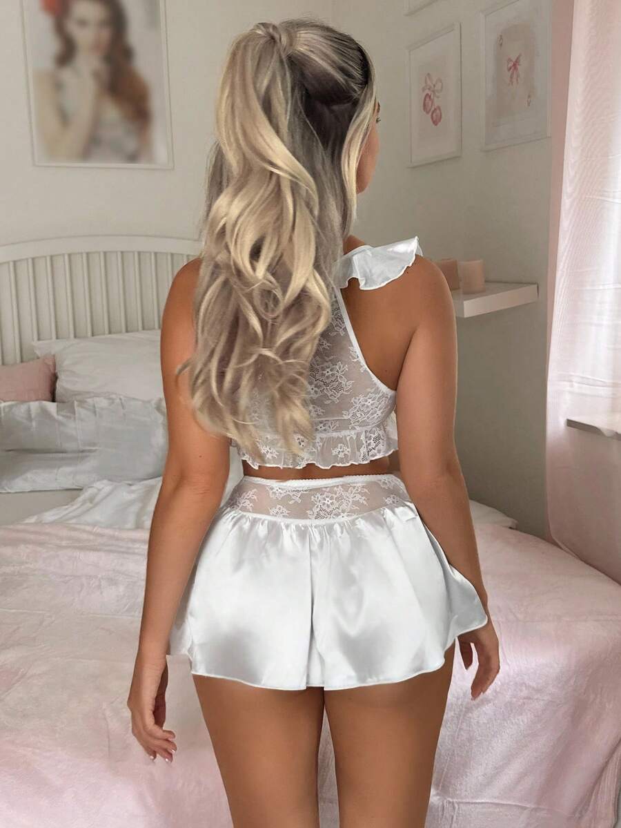 SHEIN 2 件套女士性感内衣套装，采用荷叶边撞色蕾丝和可爱蝴蝶结设计