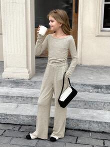 SHEIN 青少年女孩秋冬休闲时尚百搭罗纹露肩/露肩两用 T 恤上衣带口袋和直筒裤套装，适合周末、休闲外出、返校