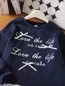Genkimix Kids Tween Girls' Fashion Korean Style Simple English Letter Slogan Print 3D Ribbon Bow Decor Contrast Color Patchwork Ruffle Trim Navy Blue Sweatshirt Crew Neck Pullover For Autumn Fall Winter - Royal Blue - View 5