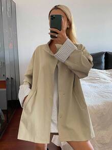 DAZY 女式条纹袖口宽松休闲风衣女式夹克，秋季女装 - 卡其色 - 查看 1