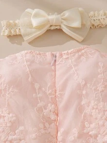 Baby Girl Beige Embroidered Mesh Puff Sleeve Princess Dress, Suitable For Birthday Party, Evening Party, Daily Wear - Dusty Pink - View 5