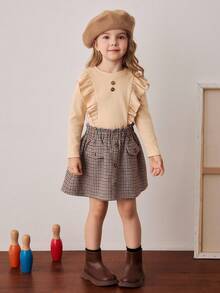 PrepCrw Conjunto de camiseta con cuello de volantes y falda a cuadros, estilo escolar para niñas jóvenes - Multicolor - Ver 3