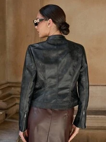 Lavishia Washed PU Biker Style Women Long Sleeve Casual Jacket In Fall/Winter Women's Winter Jacket Fall Clothes Elegant Black Jacket - Dark Grey - View 2