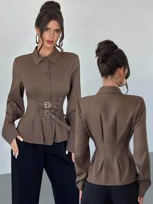 Firerie Women's Coffee Color Lapel Front Double-Breasted Loose Waist Open Cardigan Blouse, Fashion Shirt Top, Daily Commute Long Sleeve Shirt, Commute, Elegant, Work Attire - Coffee Brown - View 2