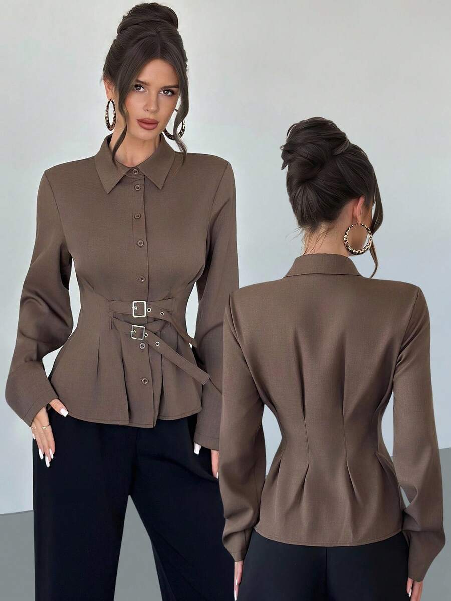 Firerie Women's Coffee Color Lapel Front Double-Breasted Loose Waist Open Cardigan Blouse, Fashion Shirt Top, Daily Commute Long Sleeve Shirt, Commute, Elegant, Work Attire