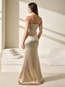 CLARA VERO Pink Satin Extra Long Night Going Out Dress - Beige - View 2