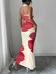 Elenzga Women's 2025 Summer Halter Tie Waist Slim Fit Printed Mid-Length Dress - Apricot - View 2