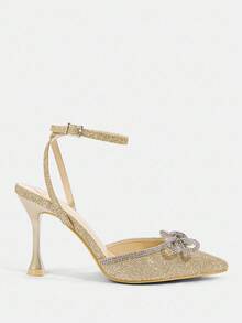 CUCCOO TILAWA Gold Glitter Rhinestone Bow Decor Strap Hollow Out Fashionable Sexy Gold Color High Heels - Gold - View 3