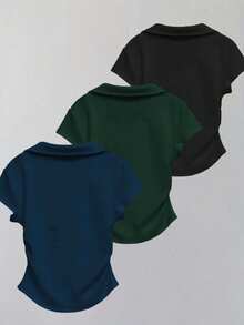 INAWLY Áo thun nữ tay ngắn, đơn sắc, khóa kéo nửa, thoải mái, đa năng, mùa hè - Màu xanh hải quân - Xem 2