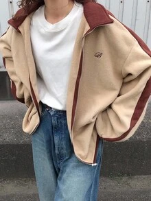 FRIFUL 女式休闲拉链撞色灯芯绒字母印花宽松夹克，棕色 - 卡其色 - 查看 2