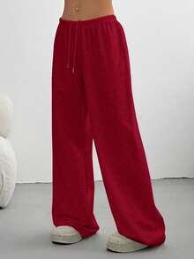 SHEIN EZwear Quần nỉ nữ cỡ lớn màu đỏ, cạp thấp, dây rút, ống đứng, dáng rộng, thoải mái, thích hợp cho lễ tốt nghiệp, tựu trường, lễ tốt nghiệp, giáo viên nữ. - Đỏ - Xem 4