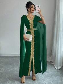 Rafferiza Women Embroidered Gold Braided Waistband V-Neck Cinched Waist Slit Sleeve Bodycon Dress Fall Cloth For Women