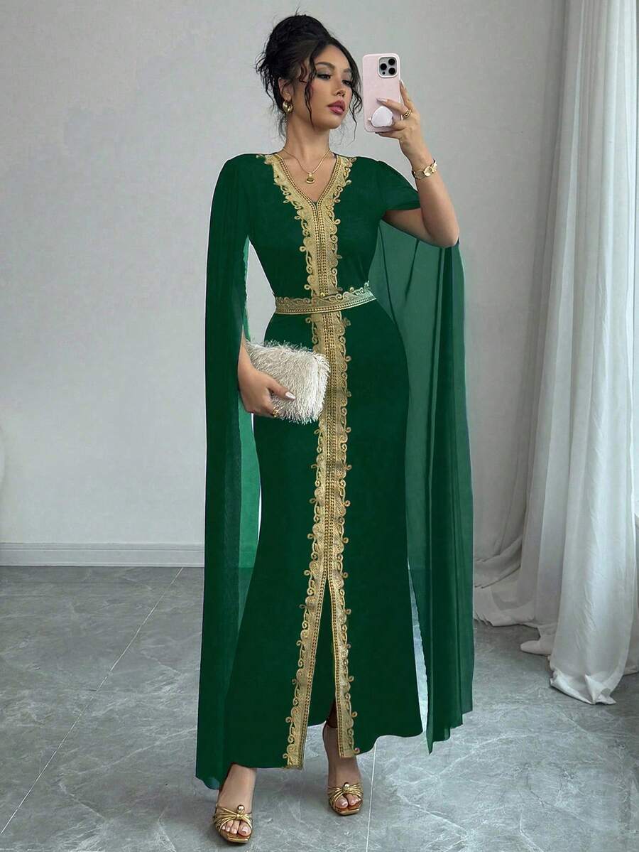 Rafferiza Women Embroidered Gold Braided Waistband V-Neck Cinched Waist Slit Sleeve Bodycon Dress Fall Cloth For Women