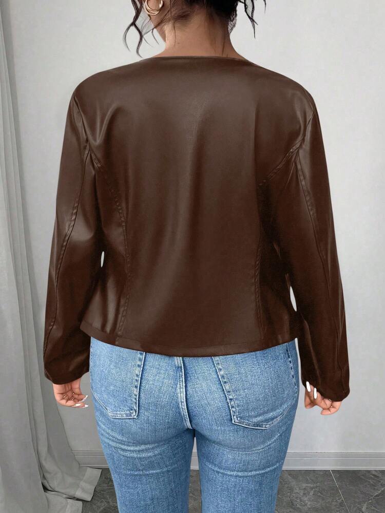 SHEIN PETITE CURVE 大码女式经典百搭 PU 皮夹克，小号系列 - 咖啡棕 - 查看 2