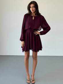 Aloruh 梅紫色浪漫约会音乐节系带长袖荷叶边下摆迷你连衣裙（女士） - 中紫紅色 - 查看 7