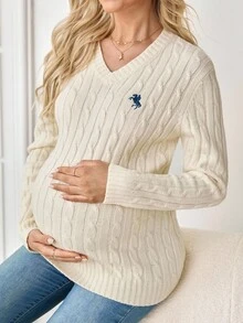 SHEIN Maternity Knight Pattern V-Neck Long Sleeve Casual Sweater, Autumn - White - View 7