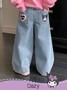 DAZY HELLO KITTY AND FRIENDS | SHEIN 少女字母卡通图案贴袋休闲牛仔裤 - 淺色水洗藍 - 查看 1