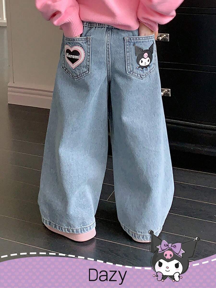 DAZY HELLO KITTY AND FRIENDS | SHEIN 少女字母卡通图案贴袋休闲牛仔裤 - 淺色水洗藍 - 查看 1