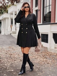 Vionelle Plus Size Women Elegant Solid Color Pleated Metal Button Jacket Winter Autumn Fall