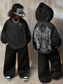Coolane Conjunto informal de 2 piezas con capucha para adolescentes varones, con diseños de alas de ángel, cruz, textura de rosa, apuesto, punk, actitud, joven, personalidad - Negro - Ver 3