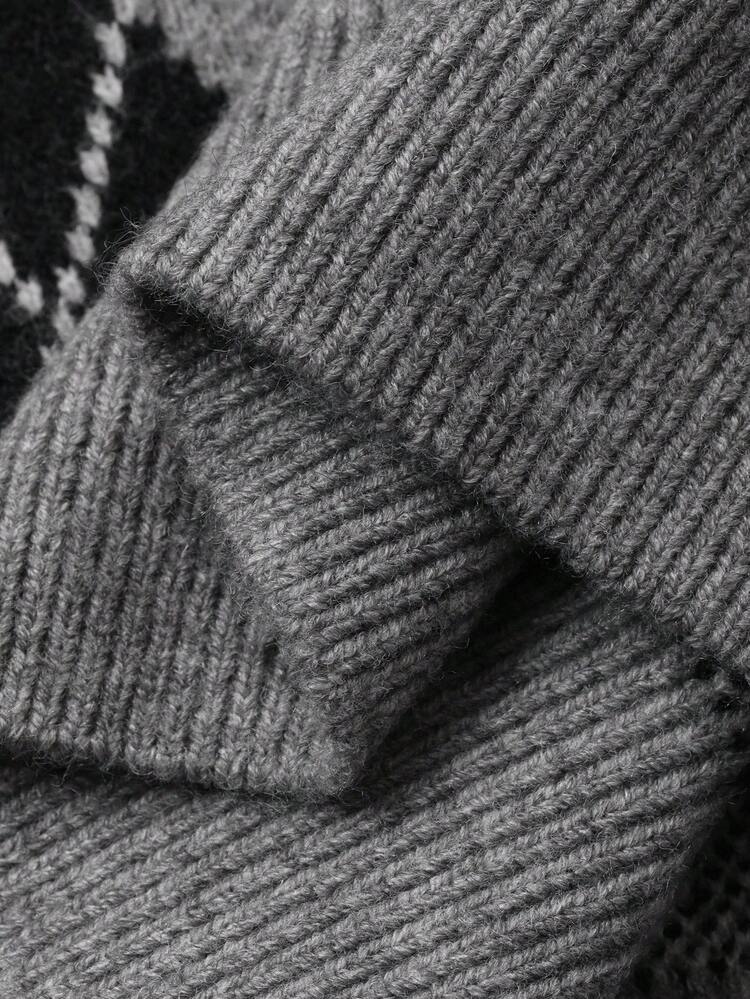 Women's Autumn Loose Knit Sweater With Turndown Collar And Diamond Pattern