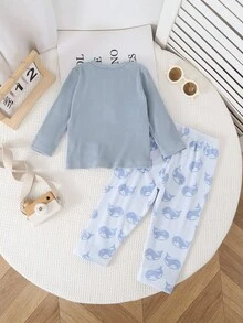 两件套幼儿男童休闲卡通鱼印花针织圆领开衫睡衣套装 - 彩色 - 查看 2