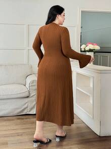 Modelyn Plus Size Women Textured Drawstring Knit Dress - Brown - View 2
