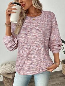 SHEIN LUNE Women's Colorful Waffle Knit Pullover Sweatshirt, Autumn,Fall - Pink - View 6
