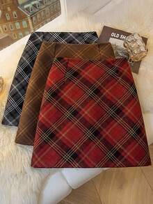 SHEIN Franclia 女士复古红色格子迷你裙，秋冬 - 紅色 - 查看 1