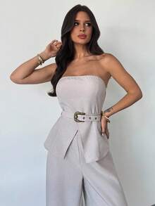 Firerie 女士优雅简约卡其色纯色金属扣吊带背心上衣，适合春夏季通勤、优雅、性感、音乐节 - 卡其色 - 查看 10