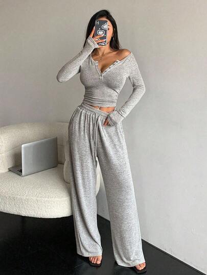 DAZY Women's Solid Color Button Placket Long Sleeve T-Shirt And Pants Two-Piece Set Y2k Lounge Sets For Women