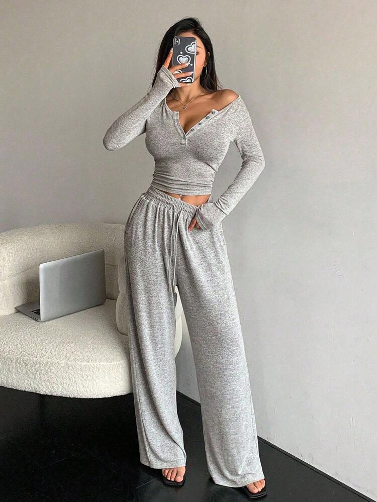 Women's Solid Color Button Placket Long Sleeve T-Shirt And Pants Two-Piece Set Y2k Lounge Sets For Women