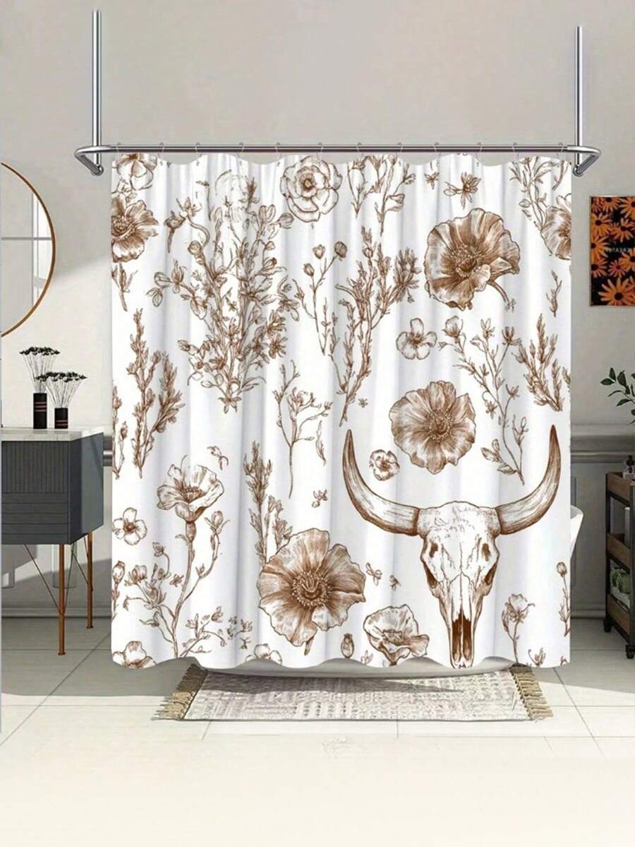 SHEIN 1 件复古植物与动物图案浴帘 - 乡村骷髅、棕褐色调、野玫瑰与罂粟花设计，防水涤纶，带 12 个挂钩，70x70 英寸，非常适合自然风格的浴室，防水窗帘 | 乡村风格浴室配件 | 棕褐色调窗帘，浴室浴帘套装 - 彩色 - 查看 1