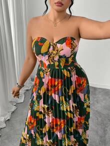 Elenzga Plus Size Women's Elegant Romantic Digital Print Strapless Waist A-Line Dress, Summer Vacation