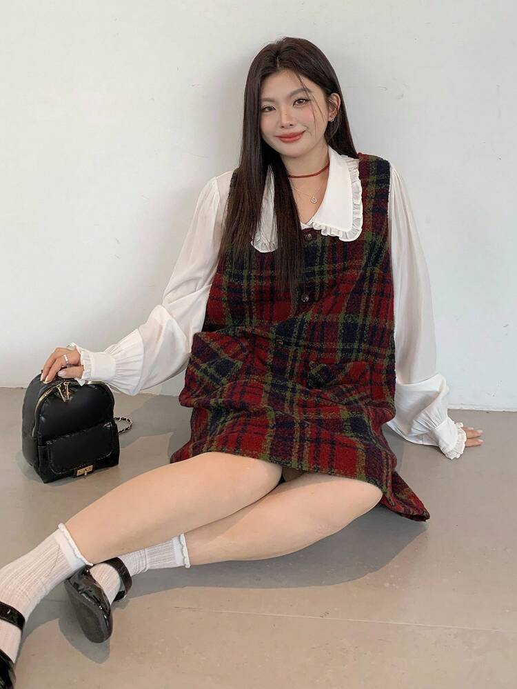 Dazy Plus Christmas & New Year Plaid Sleeveless Pocket Casual Layered Short Straight Dress For Women, Autumn