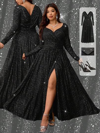 Ellevyn Curvy Plus Size Women's Shiny Silver Hot Sweetheart Neckline Long Sleeve Waist Long Slit Dress, High Stretch Knit Fabric,Christmas Women's Clothing, Black Dress Elegant Dress,Fall Clothes For Women,Winter Clothes For Women,Fall Clothes Plus Size , Winter Outfit For Women,Night Out,Going Out Outfit , Old Money Style Women,Suitable For Multiple Occasions,Halloween,Christmas,Fall Wedding Guest Dress,Autumn Dress, Homecoming Dress ,Hoco Dressses, Date Night Outfits Women,Mother Of The Bride Dresses For Wedding, Formal Dresses For Wedding Guest,Dresses For Wedding Event , Fall Wedding Guest Dress,Wedding Guest Dress Elegant,2025 New,Long Party Dresses,Curvy Party Dresses,Evening Dress Chic Wedding ,Elegant Party Dress