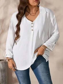 SHEIN Top de Manga Longa Minimalista de Cor Sólida Plus Size, Uso Casual - Branco - Visão 5