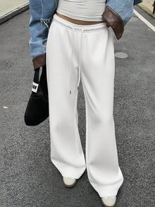 SHEIN EZwear White Women's Casual Loose Front Tie Sweatpants, Suitable For Everyday Wear And Back To School Season, Autumn/Winter,Fall - White - View 4