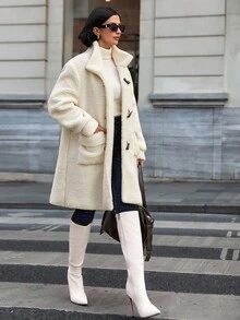 EURMUSE 女士纯色纽扣和口袋细节冬季大衣 - 米色 - 查看 6