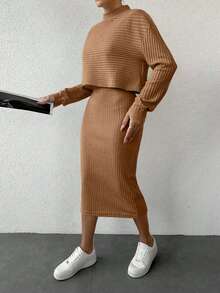 SHEIN Cottnline Damski Stójka Opuszczane ramiona Koszulka  I Zestaw spódnic