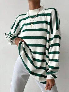SHEIN Cottnline Plus Size Women Casual Corset Baggy Traditional Solid Color Round Neck Blue White Stripe Sweater Long Sleeve Top Formal Vacation Fall Evening - White - View 6