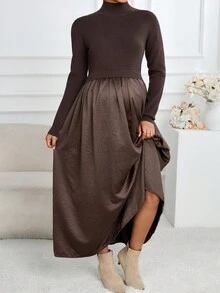 SHEIN 孕妇百褶休闲针织长袖高领连衣裙，秋季 - 咖啡棕 - 查看 4