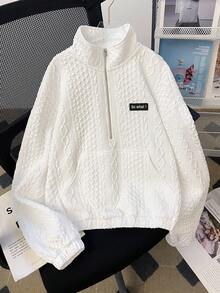 SHEIN Áo sweatshirt crop tay dài cổ tròn màu trắng cho nữ tuổi teen, chất liệu dệt kim chần bông, áo sweatshirt crop tay dài cổ tròn dáng rộng màu trắng, áo sweatshirt khóa kéo màu trắng, áo dệt kim họa tiết màu trắng, áo sweatshirt khóa kéo phong cách Y2K, áo sweatshirt mùa thu đông. - trắng - Xem 6