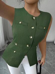 Elenzga 加大码梭织面料优雅精致法式高端简约百搭舒适前开合腰部无袖夹克，适合女士夏季 - 軍綠色 - 查看 6